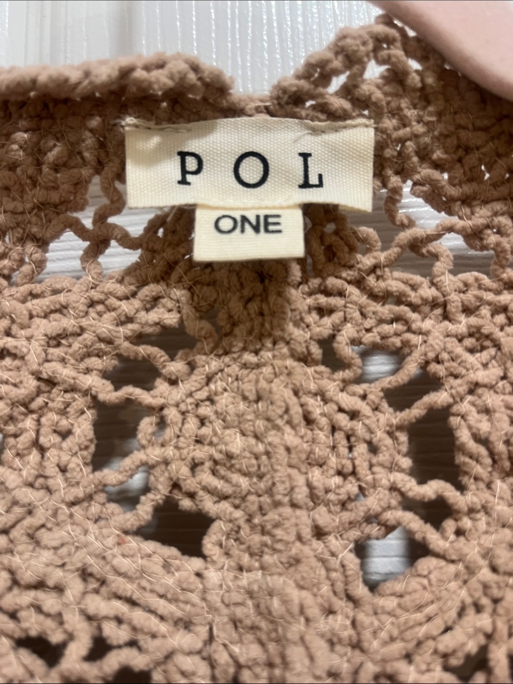 POL Crochet Open-Front Cardigan in Taupe Brown - Picture 2 of 3